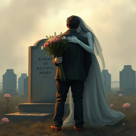 realistic, good definition, a sad man standing holding a bunch of flowers watching a tombstone while the ghost of the beautiful smiling woman is hugging him