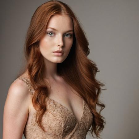 Photo of a woman, 21 year old beautiful female model, long auburn hair, revealing the delicate features of her face. She wears a simple yet elegant dress that falls just above her knees, accentuating her slender yet curvy figure. Her eyes, a warm shade of brown.