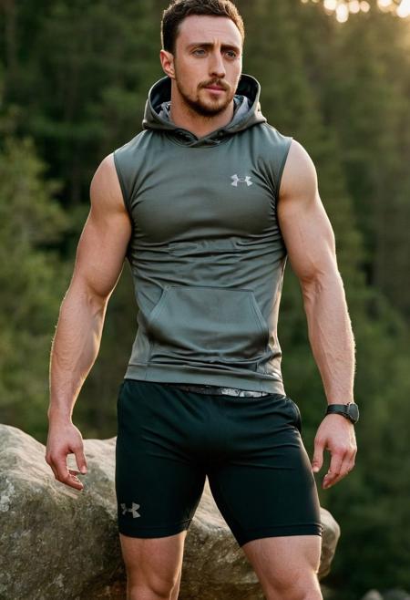 photo of aaron taylor-johnson a man <lora:Aaron-Taylor-Johnson:1>, wearing a sleeveless well-fitted under armour hoodie and compression shorts, standing on a boulder, outdoor trail, 35mm photograph, film, bokeh, professional, 4k, highly detailed, creek in the background, natural lighting, golden hour