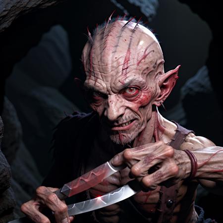 <lora:RPGKobald:1> kobald:1.2, solo, looking at viewer, red eyes, holding, knife, veins, bald, old, old man, muscular, pointy ears, teeth, blurry, blurry background, realistic:1.3, dark cave