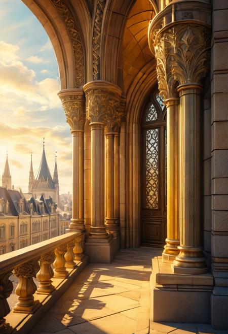 peaceful contemplation, luxurious urban environment, sunny yellows, Gothic architecture, epic fantasy, gentle breeze, distorted perspectives, mastery of texture and form, cinematic quality, macro detail, golden light, serene atmosphere, ornate stonework, elegant realism, surreal urban fantasy, architectural splendor, emotional stillness