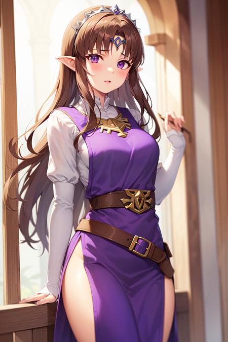 masterpiece, best_quality, 1girl, solo, princess zelda, nintendo, the legend of zelda, (twpr:1.4), (brown hair:1.4), dress, tabard, (purple tabard:1.4), tiara