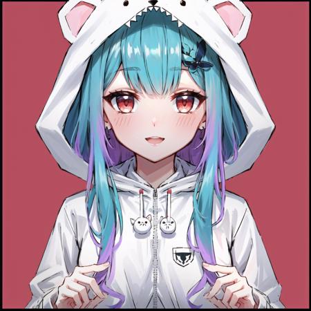 <lora:parkerrushialast:1>,   parkerrushia,  gradient hair, aqua hair, multicolored hair, red eyes, white hood up, white jacket, animal hood, sleeves past fingers,