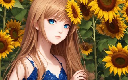 An extremely detailed softcore illustration of a cute beautiful girl on a sunflower field, perfect body, (anime illustration), (detailed dawn sky), (detailed eyes). (dramatic lighting), ((Masterpiece)), ((perfect detailed hands)), ((intricate detail)), (((young girl))), Jewel-like eyes, (floating hair), long hair, (sunflowers), sunlight, ((surrounded by floating petal)), focus on the subject, chiaroscuro, HD wallpaper, UHD image, trending on Pixiv