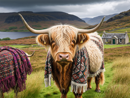 ((adrr-zrb)) masterpiece, best quality, closeup, animal face focus, one long haired (highland cow), covered in a blanket and scarf, ((adrr-zrb)), patterns, intricate weavings, rich colors, in front of a dynamic detailed landscape, one small old stone cottage, Scottish Highlands, green grass, fields full of heather, storm clouds, ultra-detailed <lora:Zarabi:1>