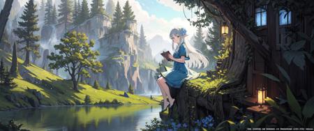 (masterpiece,best quality,illustration,official art:1.05)official wallpaper, game cg ,(wide shot),solo,1girl,wind,leaf,tree,forest AND (masterpiece,best quality,illustration,),landscape, no humans,wind,leaf,tree,forest,(lake): AND (masterpiece,best quality,illustration,official art:1.05), (masterpiece,best quality,illustration,official art:1.05),full body,sitting,looking at viewer,solo,1girl,elf girl,long hair,green hair,/+\+/+\+/+\+/+\+,[green|blue] eyes,dress,white hair flower,hair ornament,(age8),(child),evening