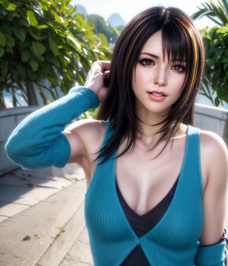 rinoa, blue duster, brown hair streaks, blue wristbands, <lora:Rinoa-v2:0.8>, hair blowing in the wind, unparalleled masterpiece, anime, 8k uhd, perfect artwork, beautiful face, beautiful eyes, windy, perfect composition, technology, accurate hands, dramatic lighting, ray tracing, symmetrical eyes, smile, flowers, (running)