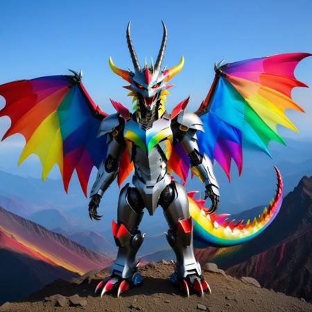 codeandigital,, c0dean0igital,, cyberw0rlds, no humans, Rainb0w M0rph dragon , mountain background, Rainb0w colored wings, claws, solo, open mouth, tail, red eyes, sharp teeth, teeth, monster, robot, full body, non-humanoid robot, horns, mecha, flying, tongue, from side, creature, fangs, science fiction, glowing, wings, spikes, yellow eyes, cd's scales, gem, looking at viewer, Rainb0w M0rph armor, Tokio background, Tokio, mountain