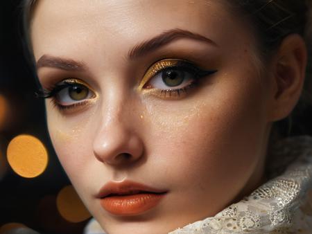 full grown phtoto of a european woman,yellow spotlight, digital art, realism, octane render, unreal engine,trending on artstation,dark theme, lonely, Lavish, Matte black eyeshadow with a cut crease, metallic lipstick, golden ratio, Almond-shaped eyes, Freckles, indietronica, soft lighting, bokeh  <lora:xl_more_art-full_v1:0.95>