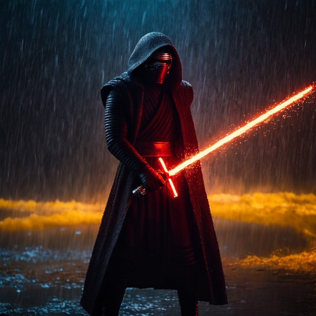 cinematic film still of  <lora:Kylo Ren:1.2>
Kylo Ren an realistic photo of a man in a dark suit holding a red lightsaber ...
