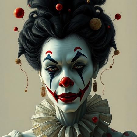 Portrait Of A Clown Queen, Contemplative and introspective illustration series, fusion of deep emotions and abstract compositions, emotional depth, abstract forms, geometric precision, introspective themes, abstract expressions, intricate details, emotional storytelling, abstract elements, precise geometry, contemplative mood, introspective exploration, emotional depth, abstract compositions, intricate details, precise geometry, deep emotions, abstract forms, geometric precision.