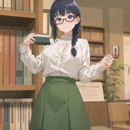 (masterpiece, best quality:1.2),illustration,8k,hd,1girl,solo,long_hair,cowboy shot,breasts,bangs,smile,blue_eyes,skirt,shirt,hair_ornament,long_sleeves,blue_hair,white_shirt,braid,glasses,blunt_bangs,dress_shirt,single_braid,green_skirt,semi-rimless_eyewear,red-framed_eyewear,under-rim_eyewear,<lora:Sanami Murakami-V1:0.6>,