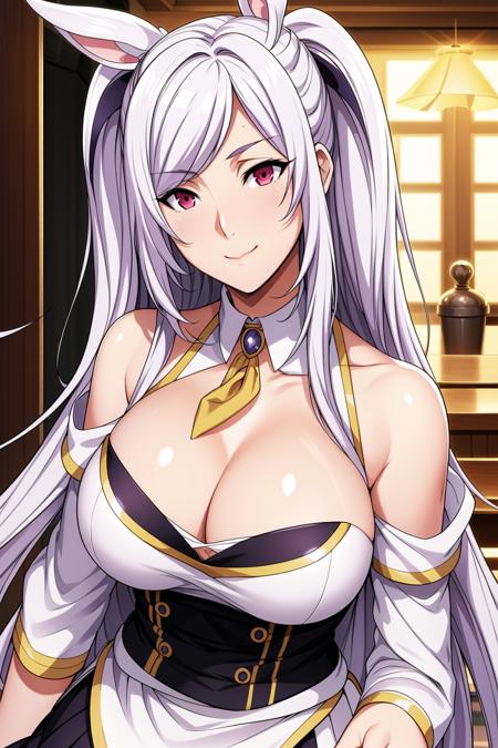 in front of a bar,
bare shoulders, White collar, yellow neckerchief, cleavage, White Bra top,Purple Vest,Black Skirt,
<lora:Alexia_Midgar_Eminence-KK77-V1:0.7>, rabbit ears,
red eyes, White hair,bangs,Long_hair,twintails, hair ornament, 
<lora:Oda_Non_Style-KK77-V2:0.3>,<lora:more_details:0.1>,
1 girl, 20yo,Young female,Beautiful Finger,Beautiful long legs,Beautiful body,
Beautiful Nose,Beautiful character design, perfect eyes, perfect face,expressive eyes,perfect balance,
looking at viewer,(Focus on her face),closed mouth, (innocent_big_eyes:1.0),(Light_Smile:0.3),
official art,extremely detailed CG unity 8k wallpaper, perfect lighting,Colorful, Bright_Front_face_Lighting,White skin,
(masterpiece:1.0),(best_quality:1.0), ultra high res,4K,ultra-detailed,
photography, 8K, HDR, highres, absurdres:1.2, Kodak portra 400, film grain, blurry background, bokeh:1.2, lens flare, (vibrant_color:1.2),professional photograph,
(Beautiful,large_Breasts:1.4), (beautiful_face:1.5),(narrow_waist),