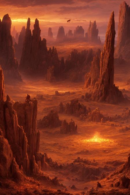 A vast valley of golden grass under a blood-red sky, glowing crystals growing from giant rocks, ancient broken statues half-buried in the ground, distant dragons flying, dramatic lighting, fantasy epic scene, high detail, 8k, concept art style, cinematic atmosphere, masterpiece
