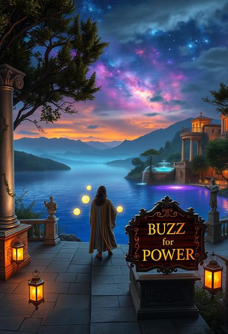 A mystical landscape at twilight, centered around a glowing crystal lake reflecting vibrant nebulae and distant galaxies. Grand marble columns and statues reminiscent of Italian architecture line the shores, adorned with glowing vines. Towering bioluminescent trees with ornate branches softly illuminate the scene, while terraced villas and cascading fountains, inspired by Tuscany, rise in the distance. Iridescent mountains blend with the luminous clouds above, creating a dreamlike horizon.
In the foreground, a figure in flowing robes reminiscent of Renaissance nobility stands on a stone piazza leading to the lake. Around them, floating orbs of light and ancient runes circle as they weave a magical spell. Nearby, an elegant wooden sign made from polished mahogany, with intricate scrollwork and gilded edges, reads ‘BUZZ for POWER’ in glowing calligraphy, perched atop a stone pedestal. Golden lanterns sway in the gentle breeze, adding warmth to the serene atmosphere. The entire scene is a fusion of otherworldly beauty and timeless Italian elegance, where nature, art, and magic blend in perfect harmony
