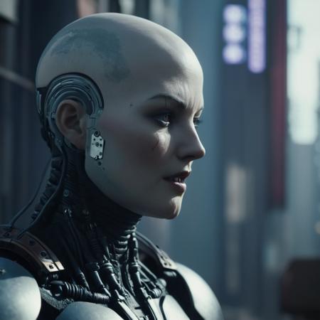 cinematic film still of  <lora:perfection style:0.3>
 <lora:cyberpunk style v2:0.9>
 <lora:Unreal Engine style:0.2>
In Cyberpunk city a sculpture of a vampire woman with a bald cyborg head of wies,bionic,transhuman,Dystopia,Dystopian,kakotopia,Science fiction,high tech,low life,societal collapse,Artificial,Posthuman,future,futuristic,Artificial intelligence,Cyborg,genetically-enhanced humans,sci-fi,Cyberpunk Style,solo,open mouth,teeth,blurry,no humans,robot,science fiction,android,cable,damaged,mechanical parts,Cyberpunk Style , science fiction, futuristic setting, detailed background, dramatic light, dramatic shadow light, contrast, cinematic color, cinematic look, filmic, realistic, realism, perfection, perfect, different, cinematic, film, cinematography, artstation, Cyberpunk city style, Cyberpunk style, shallow depth of field, vignette, highly detailed, high budget, bokeh, cinemascope, moody, epic, gorgeous, film grain, grainy