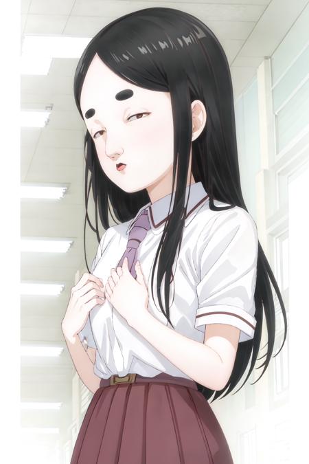 ((best quality)),((highly detailed)),masterpiece,absurdres,detailed face,beautiful face,(detailed eyes, deep eyes),(1girl),((dynamic pose)),    <lora:fujiwara-30:0.8>fujiwara, school uniform, black hair, long hair, solo, 1girl, skirt, necktie, shirt, multiple girls, 2girls, open mouth, indoors, short sleeves, looking at viewer, belt, what, serafuku, simple background, white shirt, pleated skirt, solo focus, purple necktie, thick eyebrows, hands on own chest, collared shirt, bangs, brown eyes