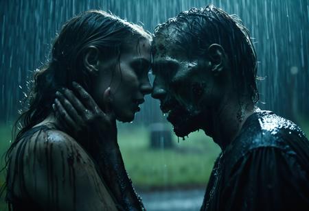 Cinematic photography, long distance shot, award winning shot of undead zombie couple, they love each other even after death, heavy rain, dark scene, capture subject in a way that resembles a still frame from a movie, cinematic lighting, story, narrative quality, drawing viewers into the scene and evoking a sense of cinematic immersion, capturing emotion, professional, engaging, compelling composition, 8k, intricate details, Cinematic photography, movie mood, cinematic light, compelling composition, storytelling elements, conveys emotion, mood, and narrative depth, creating visually striking images that feel like still frames from a film