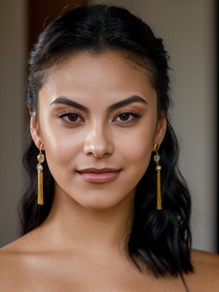 Realistic photo of a beautiful c4m1l4m woman, 1girl,solo,looking at viewer,smile,black hair,brown eyes,jewelry,closed mouth,earrings,lips,tassel,portrait,realistic, soft lighting, professional Photography, Photorealistic, detailed, RAW, analog, sharp focus, 8k, HD, high quality, masterpiece<lora:c4m1l4m:1.0>