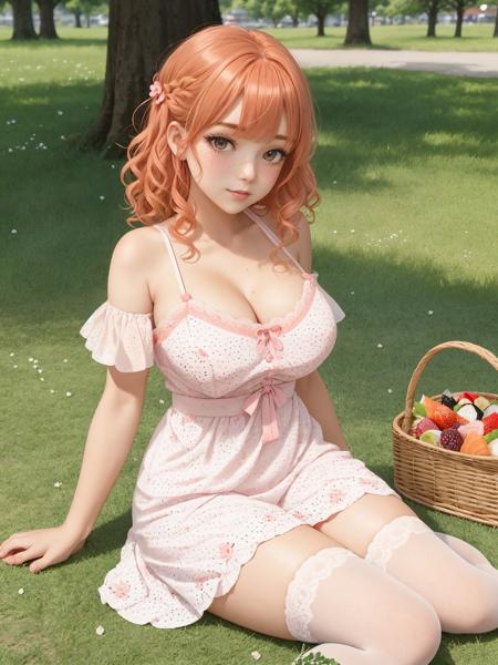 cute red-blond gradient [weavy:curly] hair side bangs freckless short (busty:1.3) petite girl, solo, (huge sagging breasts), slutty makeup, one piece pink polka dot white floral midi dress with lace inserts, lace nylon under knee socks, pumps shoes, had a picnic on the grass in a town park, sushi and fruit plates, glass of juice