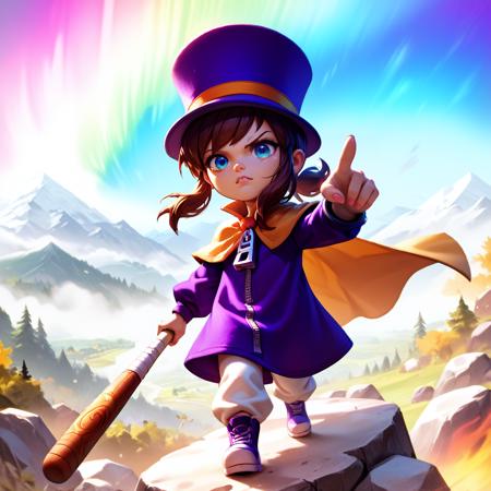 hat-kid,brown hair,sidelocks,ponytail,blue eyes, aged up, purple top hat,purple dress,zipper pull tab,yellow cape,white pants,brown footwear, fake cat ears,cat mouth mask,yellow-purple letterman jacket,purple pants, cat tail, purple footwear,