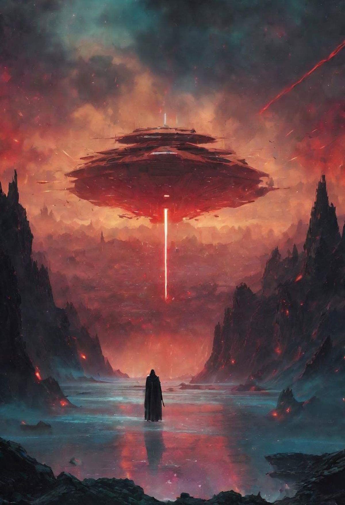 A person standing under a spaceship in a painting.
