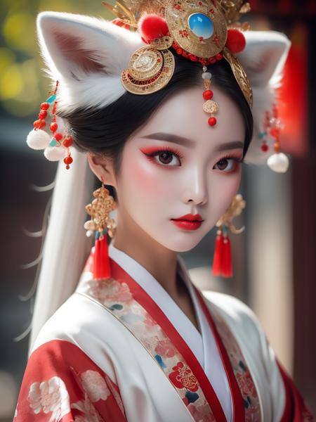 A very coquittish girl, sexy beautiful, big eyes, lancet eyebrows, foxy eyes, wearing gorgeous Hanfu, gorgeous headdress, gorgeous light, in line with the description of the fox goddess Daji in the ancient Chinese myth "The List of Gods". Behind him is an abstract white fox with nine tails (Beijing Opera facial makeup style), a full-body shot that blends tradition and modernity<lora:neg4all_bdsqlsz_xl_V6:1> <lora:Movecolor_Foxgirl_V1.0:0.6>