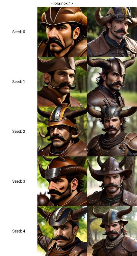 <lora:nox:1>. A man. Mustache. Brown leather clothes. Helmet with horns. Dark blurry background with tree branches. Portrait of a RPG character. Extreme close up.