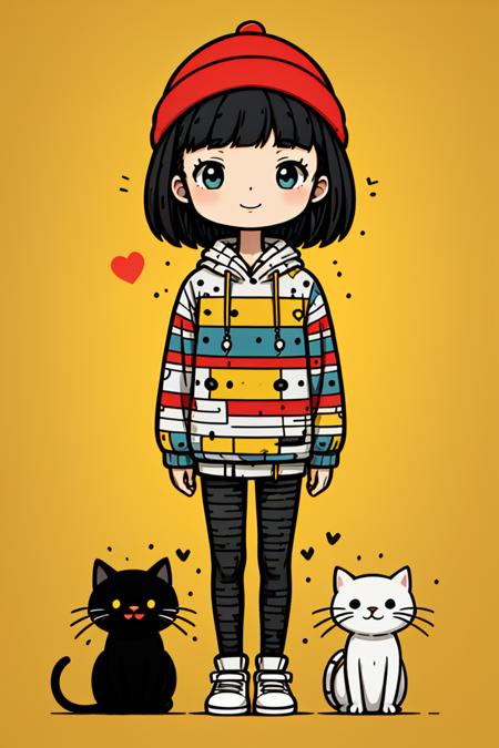 sd mai, flat illustration,
sd mai, flat illustration, 1girl, red headwear, cat, black hair, smile, looking at viewer, hat, striped, standing, sweater, heart, bangs, yellow background, short hair, closed mouth, solo, red footwear, beanie
 <lora:SD_MAIæç®æå¹³æç»:0.7>