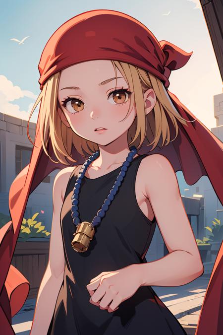 (masterpiece, best quality), 1girls, beautiful face,  <lora:annakyouyama-lora-nochekaiser:1> anna kyouyama, blonde hair, short hair, (brown eyes:1.5), bandana, beads, black dress, dress, prayer beads,