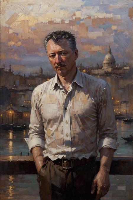 epic realistic, ((masterpiece, best quality, high quality, highres, ultra-detailed)), (strelkov:1.1), man, male focus, oldman, white shirt, looking at viewer, serious, portrait, cityscape, embankment, bridge, Italia, venice, (lanterns:0.3), (oil painting:0.5)
<lora:Strelkov:1>
<lora:add_detail:0.2> 
 <lora:oil painting:1.0>, faded, (neutral colors:1.2), art, (hdr:1.5), (muted colors:1.1), (pastel:0.2), hyperdetailed, (artstation:1.4), warm lights, dramatic light, (intricate details:1.2), vignette, complex background, rutkowski