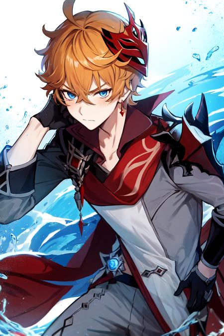 1boy, solo, orange hair, short hair, mask on head, red mask, grey coat, mask, half gloves, red scarf, single red earrings, tartaglia \(genshin impact\), grey pants, blue eyes, ruby on scarf,  water, detail, super ditail skin, leg ring, stand,
masterpiece, best quality, <lora:tartagliav5:0.7>, serious face, closed mouth,, masterpiece, best quality,