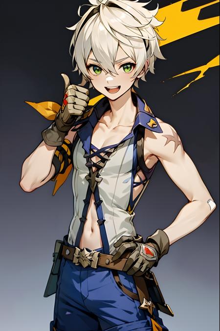 benny, solo, looking at viewer, smile, open mouth, gloves, 1boy, navel, collarbone, male focus, shorts, teeth, sleeveless, belt, hand on hip, scar, black background, goggles, blue shorts, goggles on head, bandaid on face, vision (genshin impact), thumbs up, bandaid on nose, scar on arm, bandaid on arm,