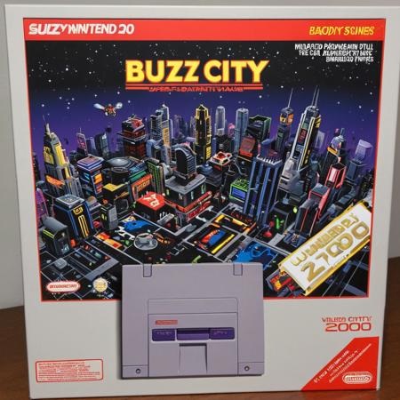 This is a photograph of a boxed copy of "BUZZ City 2000," video game. The box is predominantly black with gold, white, and red accents. The front features a stylized, futuristic cityscape with vibrant, neon colors. The title "BUZZ CITY 2000" is prominently displayed in bold, white letters. The box includes a Super Nintendo Entertainment System (SNES) logo in the bottom left corner. The background of the image is plain white.
