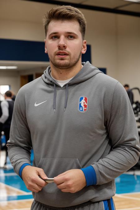 LukaDoncic in gray sweatpants and a gray sweatshirt in the gym <lora:LukaDoncicLora:1>