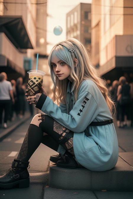 4K,8K. An attractive american gothic punk girl, with black punk fitting clothes, (blonde very long wavy hair:1.05) (wide dreamy light blue eyes,) wide smile, face close up, (holding a bubble tea,) (dynamic sitting pose, on the street) 2legs
