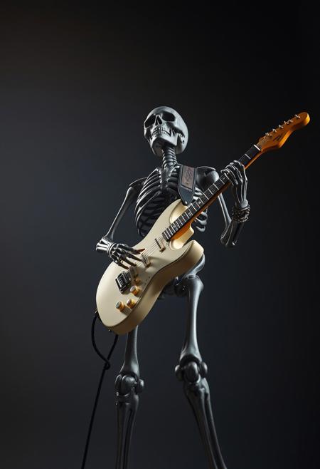 High angle perspective, gentle soft light, warm tones, professional photography, soft contrast, soft saturation, diffused shadows, subtle illumination, skeletal figure with white electric guitar, metallic gray skeleton and chains, dark gray background