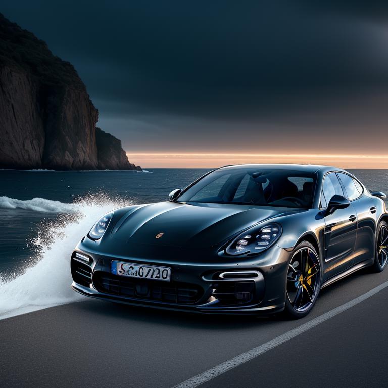 A striking Porsche Panamera Turbo E-Hybrid bursts through a surreal scene,numberplate reads MOTFALC,The dynamic composition features the sleek, modern Porsche in an oceanic blue shade, seamlessly blending with the bold, dream-like elements around it. A vibrant splash of water erupts from behind the car, as if the vehicle is cutting through the waves with power and precision. Scattered orange slices and citrus peels orbit the car, adding a whimsical, fresh touch to the scene. The bright oranges contrast beautifully with the deep blue of the Porsche and the water, creating a vivid interplay of colors. The glossy, reflective surface below enhances the visual impact, mirroring the car’s polished exterior and the chaotic, energetic motion surrounding it.The Porsche Panamera Turbo E-Hybrid stands out with its futuristic design, its sharp lines and curves highlighted by the dramatic lighting. The scene combines elements of nature and modern technology, creating a surreal, high-energy mood that showcases the Porsche in an imaginative, artistic environment.