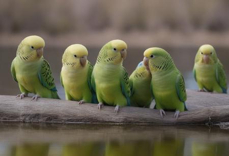 close-up several parakeets on the edge of a lake drinking and bathing, background Australian bushes and meadows, very realistic photography