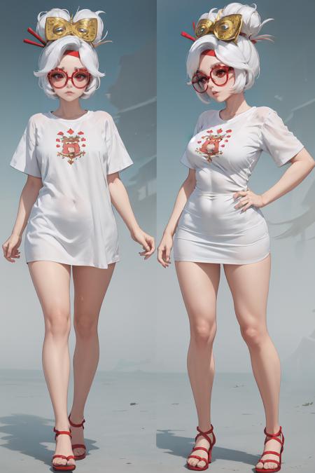 IncrsPajChal, <lora:PajamasChallenge:1>, 1girl, multiple views, shirt, white shirt, purah, red glasses, hair ornament, hair stick, red headband, <lora:Char_Zelda_Purah:0.75>, full body,