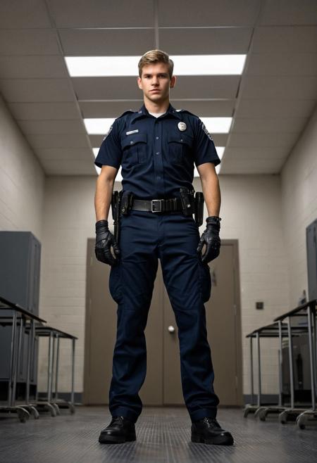 Ultra-realistic, cinematic full-body photo of a handsome 20-year-old Caucasian male police academy recruit standing tall and dominant during inspection. He wears a tightly fitted short-sleeved navy police uniform, with black tactical gloves, a visible silver badge and name tag, and a fully loaded duty belt with visible tactical gear. His posture is rigid, stance wide and confident, projecting control and arrogance. He looks directly down at the viewer with a cold, piercing stare and a faint, smug smirk — exuding quiet aggression and superiority. Shot from an extreme low-angle floor view at his feet, creating a dramatic upward perspective that emphasizes power and intimidation. The background is a clean, brightly lit police academy training hall, with other recruits in uniform standing in formation, blurred out to keep focus on him. Harsh overhead lighting, crisp shadows, sharp textures on fabric, belt, and gloves. High detail, full-body in frame, hyper-realistic skin and lighting, photo-quality.