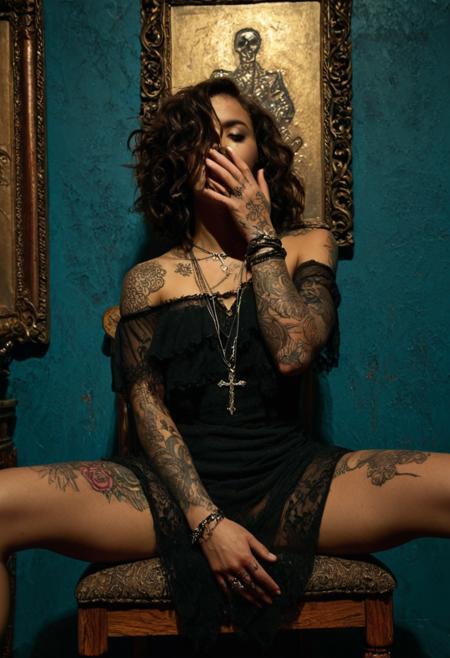 The image is a high-resolution photograph of a young woman with a light to medium skin tone and curly, dark brown hair styled in loose, voluminous waves. She is seated on a chair with her legs spread wide, positioned against a textured, teal-blue wall adorned with two framed, gold-leafed artworks. One of the framed artworks shows a detailed, stylized portrait, and the other is a more abstract piece. The woman is wearing a sheer, black, off-the-shoulder dress with intricate lace detailing, which drapes loosely around her body, revealing her arms and upper chest.
Her arms are heavily tattooed with intricate designs, including a prominent tattoo of a rose on her left arm. She is covering her face with her hands, obscuring her features, adding an air of mystery. She wears several layers of layered, delicate necklaces and bracelets, including a prominent, ornate cross necklace and a chunky, silver bracelet. The lighting is dramatic, casting soft shadows and highlights that accentuate the textures and contours of her skin and the intricate patterns on her dress and tattoos. The background's textured wall and the wooden chair with ornate, wrought iron detailing provide a rich, artistic ambiance. The overall mood is a blend of edgy, artistic, and slightly melancholic.