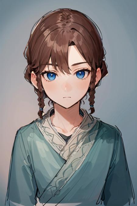 1boy, (Highest picture quality), (Master's work), (ultra-detailed), (Detailed eye description:1.2), (masterpiece, best quality, high quality, highres, ultra-detailed), solo,   <lora:Hu-Jia:1>, dark blue eyes, brown hair, braids, asymmetrical bangs, bunch