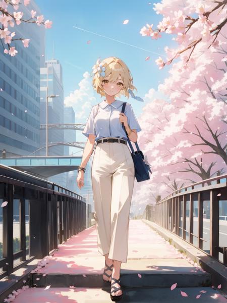 1girl, lumine, feather, bag, bangs, belt, blonde_hair, yellow_eyes, blue_sky, blush, bracelet, breasts, bridge, building, cherry_blossoms, city, cityscape, closed_mouth, cloud, cloudy_sky, day, flower, hair_flower, hair_ornament, handbag, jewelry, looking_at_viewer, mountain, outdoors, pants, petals, pink_flower, sandals, shirt, shoes, short_hair, short_sleeves, shoulder_bag, sky, skyscraper, smile, solo, spring_\(season\), standing, walking, watch, white_flower, wristwatch, <lora:Lumine v3.0.3+:1>, detailed eyes