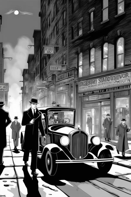 <lora:Will Eisner Style:1>Will Eisner Style - a role-playing campaign online website front page graphic novel inspired illustrations for a horror game which features a team of investigators in 1920s Pittsburgh, in the style of a black and white image showing prohibition era cars and people walking through the city streets of 1920s Pittsburgh. But there is an air of mystery, and secrets man was not meant to know. Referential painting, 32k uhd, horror.