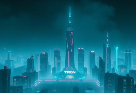 futuristic city, tron, neon, grid, retrowave, megalopolis, distant city, plain, skyscraper in the middle, cyan, night, fog, tron legacy,