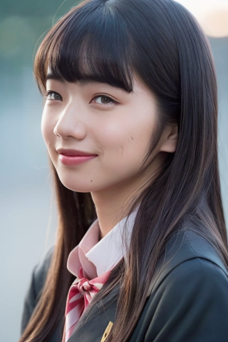 1girl,(wearing japanese school uniform),(RAW photo, best quality), (realistic, photo-realistic:1.4), masterpiece, an extremely delicate and beautiful, extremely detailed, 2k wallpaper, Amazing, finely detail, extremely detailed CG unity 8k wallpaper, ultra-detailed, highres, soft light, beautiful detailed girl, beautiful detailed nose,cinematic lighting,city lights at night,less eyebags,light smile,perfect anatomy,soft light,standing