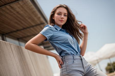 from below,photo of a 18 year old girl,hands on hips,happy,looking at viewer,blue eyes,shirt,pants,outdoor,windy,ray tracing,detail shadow,shot on Fujifilm X-T4,85mm f1.2,sharp focus,depth of field,blurry background,bokeh,motion blur,<lora:add_detail:1>,