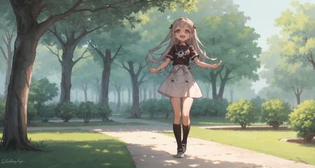 ((Masterpiece)), ((ultra quality)), <lora:yashiro_nene:.7>, yashiro nene, solo, open mouth, smile, symbol-shaped pupils, ((fullbody)), walking, park, trees, grass