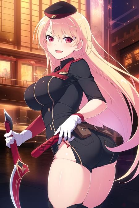 (masterpiece, best quality), highly detailed background, perfect lightingbest quality, <lora:Souji_Senran-Kagura:0.8>, 1girl, military, solo, hat, blonde hair, very long hair, v-shaped eyebrows, red eyes, large breasts, black dress, white gloves, shorts, thigh boots, boots, military uniform, dual wielding, smile, open mouth, pink lips.